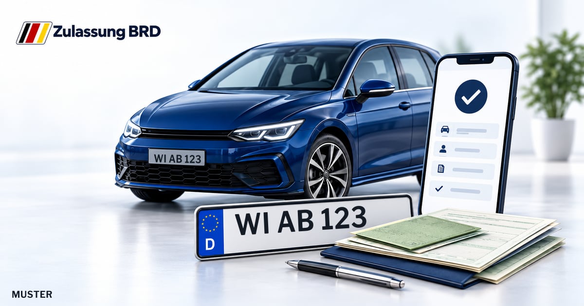 Online Fahrzeugzulassung in Wiesbaden: Musterkennzeichen WI AB 123, Auto und Fahrzeugpapiere und Smartphone. Illustration mit Logo von Zulassung BRD.